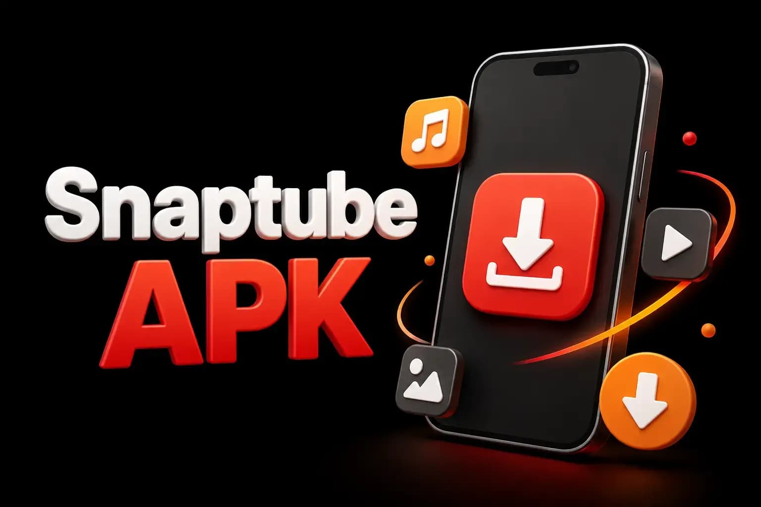 SnapTube APK Snaptube APK download artwork: a phone with a coral download arrow and media icons on a gold stage.