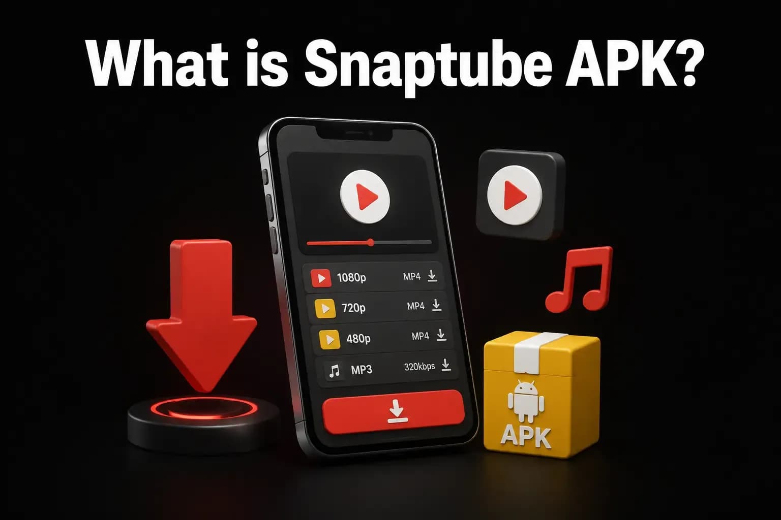 What is Snaptube APK What is Snaptube APK artwork: a phone listing 1080p, 720p and 480p MP4 plus MP3 download options.