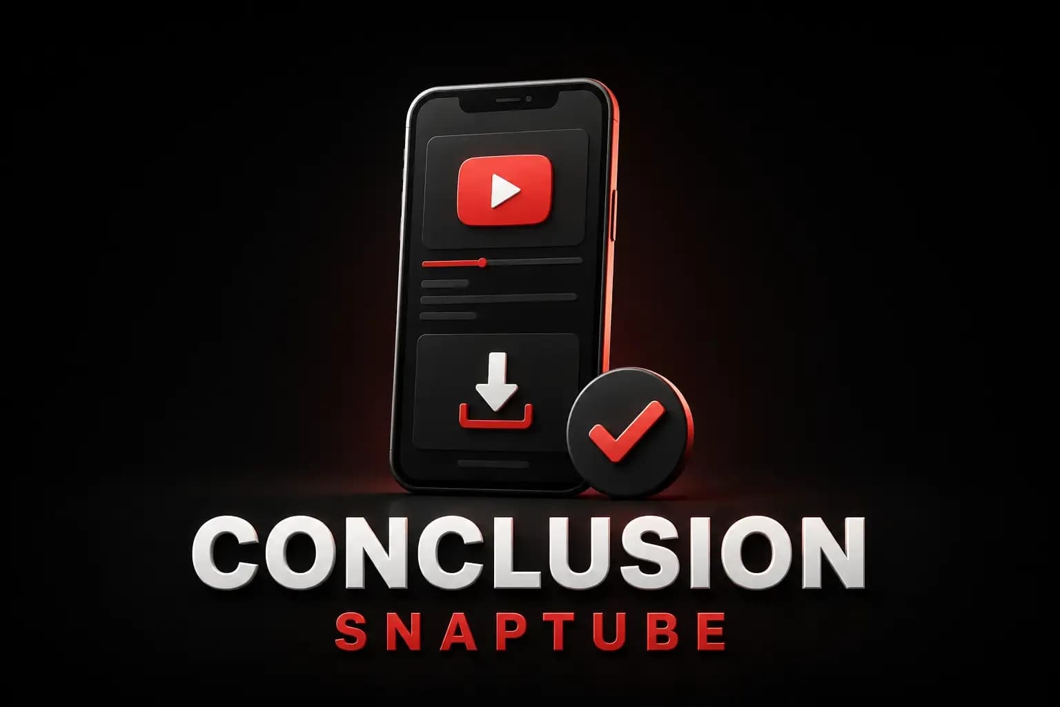 Snaptube conclusion Snaptube conclusion artwork: a phone showing a video player and download button beside a red check mark.