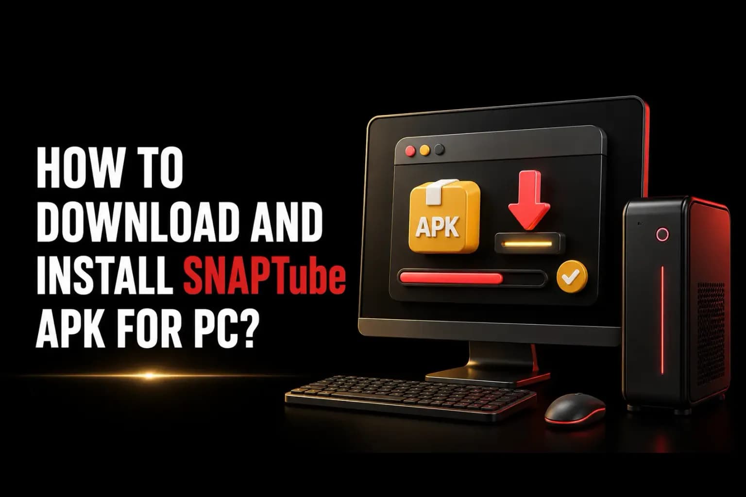 Install SnapTube APK on PC Installing SnapTube APK on PC: a desktop monitor showing an APK file with a download arrow and progress bar.
