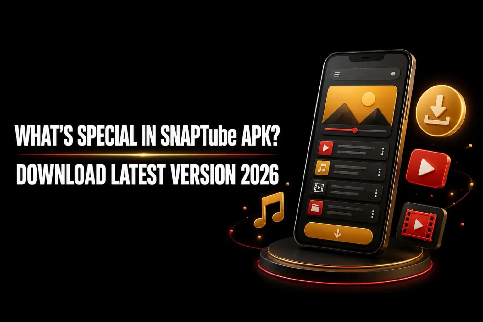 What's special in SnapTube APK 2026 What's special in SnapTube APK 2026 artwork: a phone showing a queued download list with a gold save button.