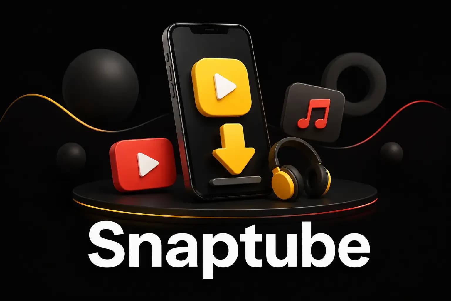 Snaptube video downloader app Snaptube 3D artwork: a smartphone with play and download icons beside headphones on a dark gold-lit podium.