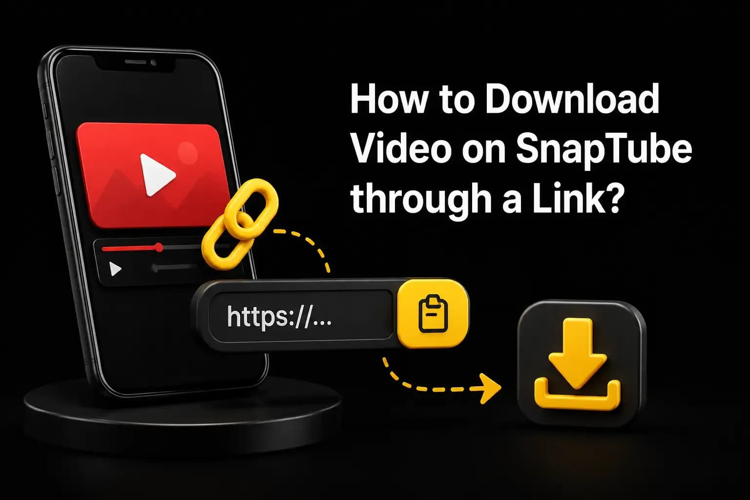 Download video through a link Downloading a video through a link: a phone, a chain icon, an https URL bar with paste and a download button.